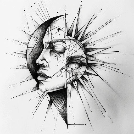 Artistic tattoo sketch with geometric sun and moon