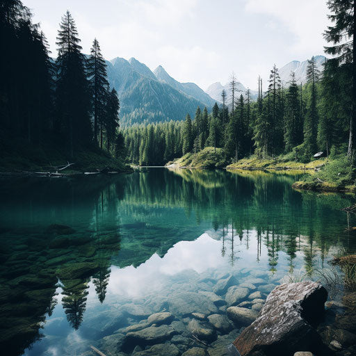 Lake surrounded by forests and mountains, dark teal and light aquamarine style, warmcore, clear definition, 2000s aesthetic, hike