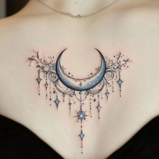 Crescent moon with hanging stars in silver and blue