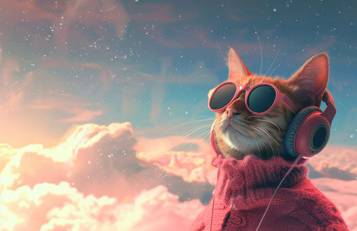 A pink cat with headphones and sunglasses in the sky, in the style of futuristic, iconic, socially minded 17:11