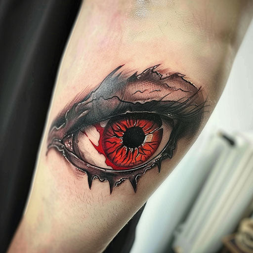 Realistic devil's eye tattoo in red and black