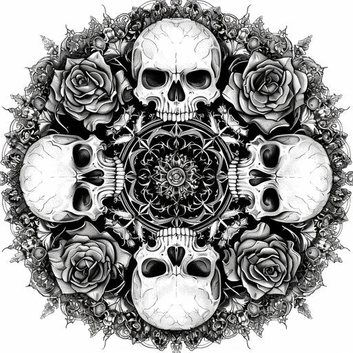 Intricate gothic mandala mixing skulls, roses, and thorns, rich in detail and contrast on clean white background.