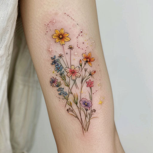 Wildflower tattoo with stars and cosmic elements