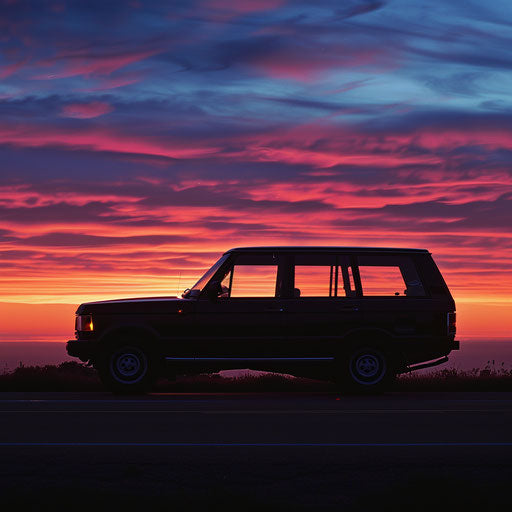 Iconic 1980 Range Rover silhouette against a vibrant sunset on a deserted highway