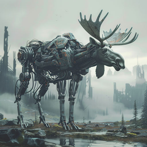 A futuristic robotic moose in a dystopian landscape