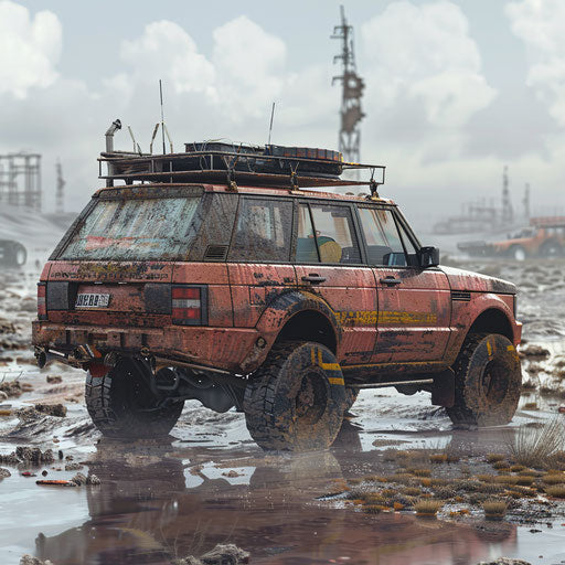 Modified off-road vehicle navigating through apocalyptic landscape