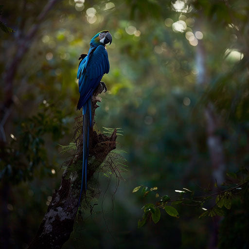 Blue parrot on twisted tree in Brazilian forest