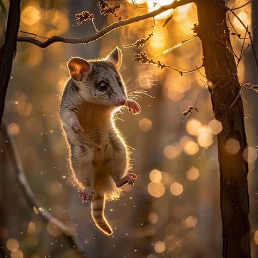 White-tail possum in playful leap in golden forest