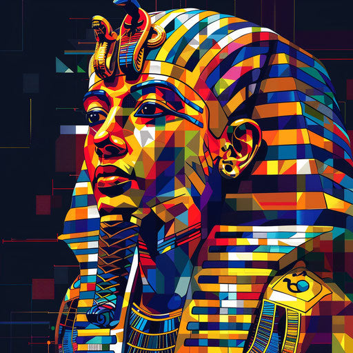 Modern flat tattoo sketch of a pharaoh with digital pixel art style and vivid colors