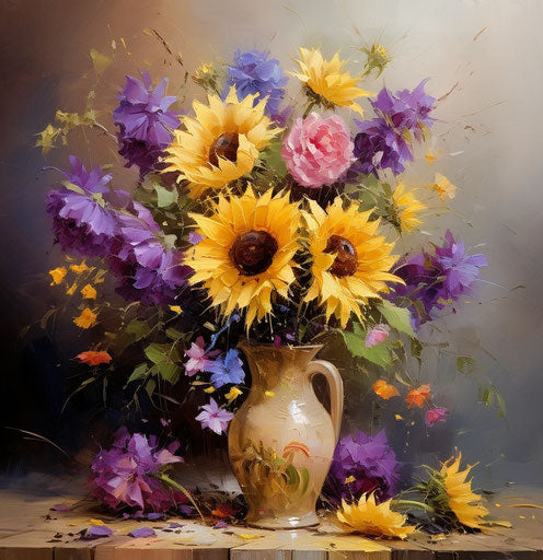 A beautiful vase full of sunflowers and geraniums