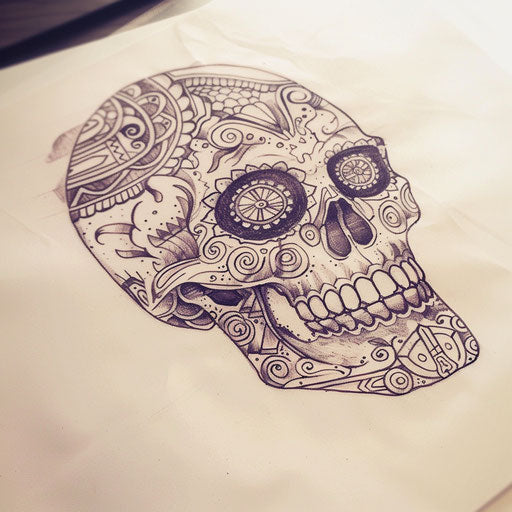 Sugar skull with intricate Aztec patterns