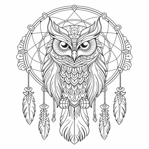 Dream catcher with owl and feathers, monochromatic symmetry style