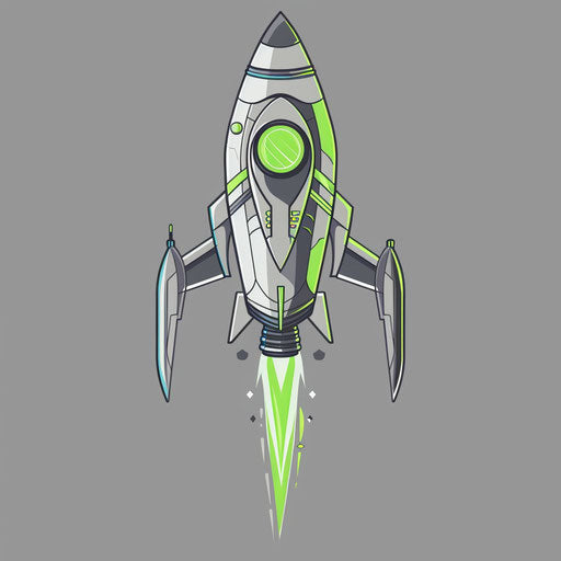 Futuristic flat tattoo sketch of an interstellar explorer rocket, neon green and silver, clipart style