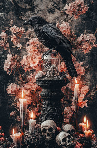 Raven on ornate vial, surrounded by candles and delicate flowers