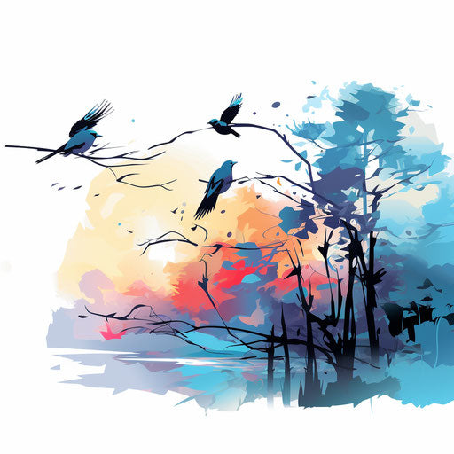 Birds silhouette in Impressionistic Art style on white background