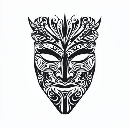 A beautiful clipart style flat tattoo sketch maori face tattoo with detailed line work and shaded effects on a pure white background
