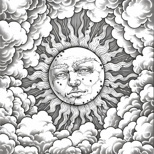 Sun surrounded by clouds in a detailed coloring page