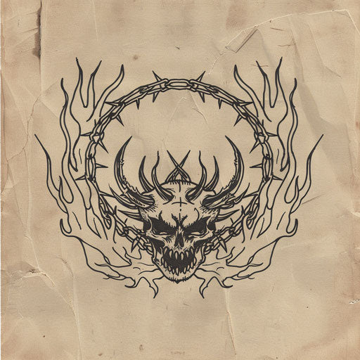 Old school flat tattoo sketch of a hell motif with classic barbed wire and flames