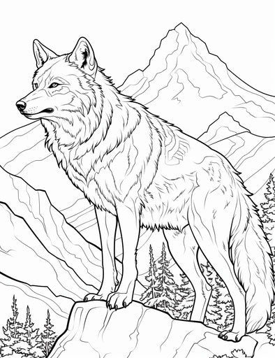 Wolf coloring pages in the mountains