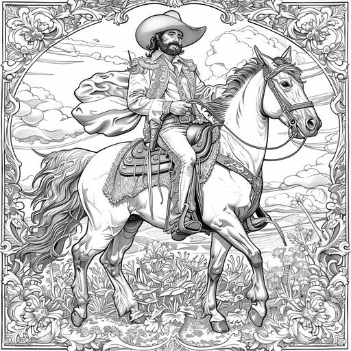 Elaborate baroque cowboy scene in the style of a Raqib Shaw coloring book page