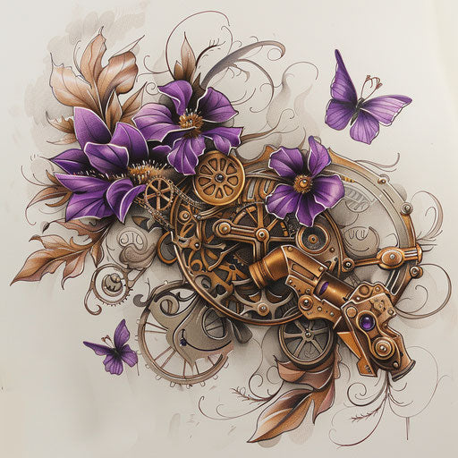 Steampunk lilac tattoo with bronze elements and Victorian influences