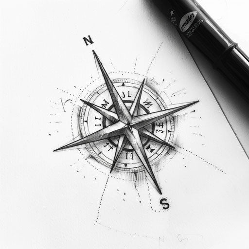 Elegant tattoo sketch with compass rose minimalist black and white