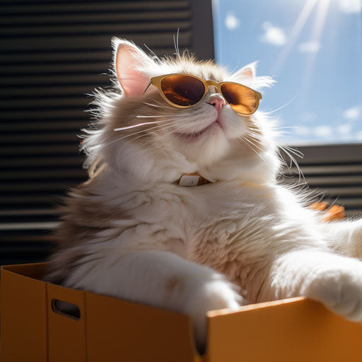 A cat sitting in a box with sunglasses