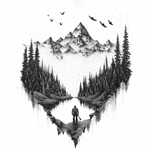 Wild landscape with hidden hunter in dotwork tattoo style