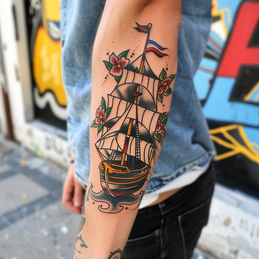 Nautical cover up tattoo in the style of Sailor Jerry