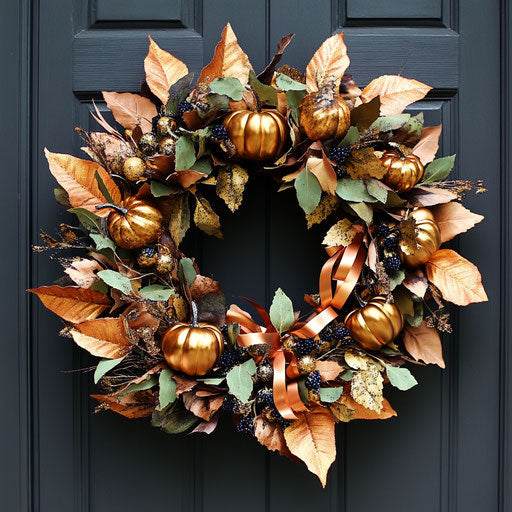 Modern Thanksgiving wreath of metallic leaves and gold pumpkins