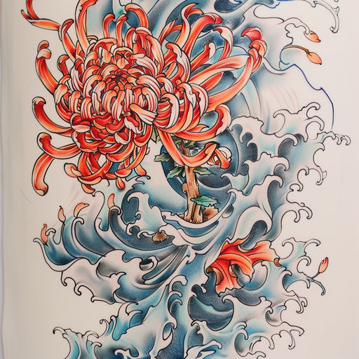 Traditional Japanese tattoo artwork of a chrysanthemum with waves and wind motifs on white background