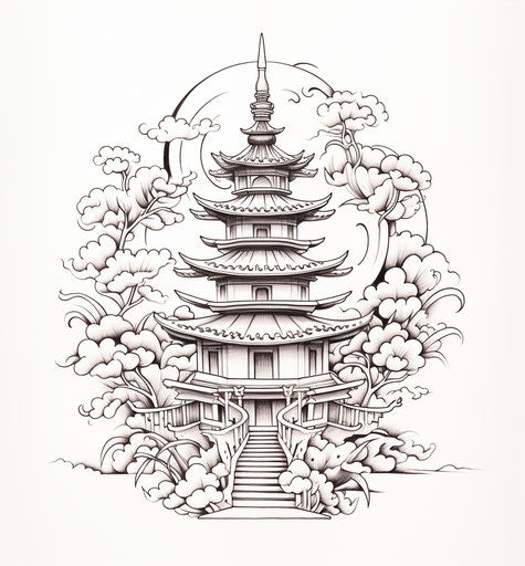 Asian symbol pagoda outline, intricate and delicate line work style sculpture