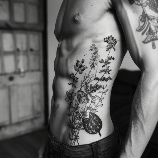 Men's rib tattoos botanical details, Maria Sibylla Merian style