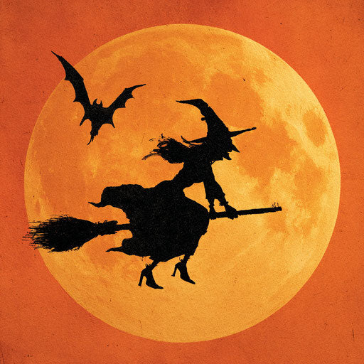 Witch Riding a Broomstick Against an Orange Moon