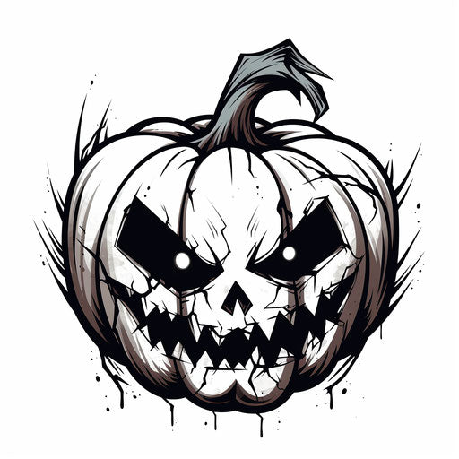 Black and white pumpkin drawing, comic book style