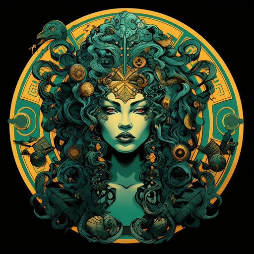 Black Aphrodite medusa pagan lady circle ink color strong facial expression