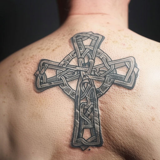 Ancient Celtic cross tattoo in stone - white background