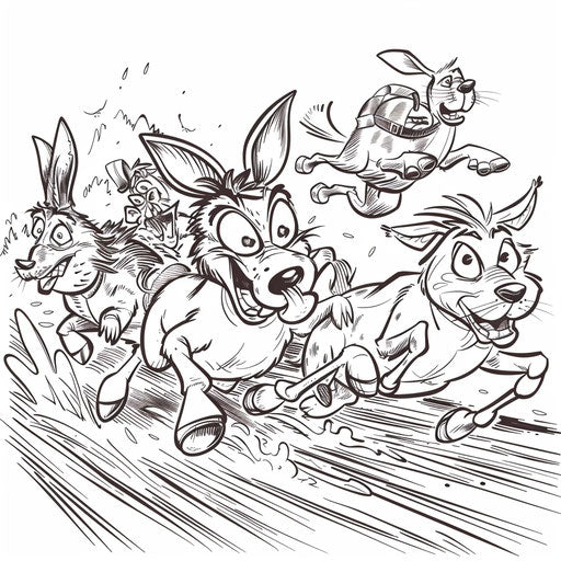 Funny race of cartoon animals in coloring book style