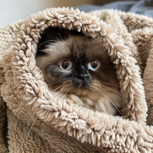 Himalayan cat wrapped in a cozy blanket