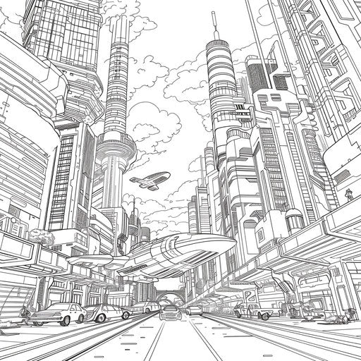 Futuristic city with flying cars and skyscrapers, Mamoru Hosoda style