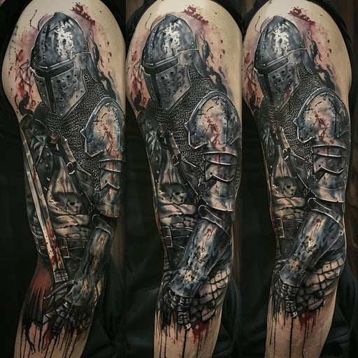 Medieval knight arm tattoo in the style of Adrian Smith