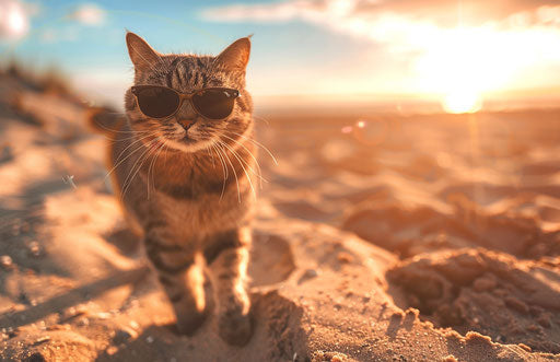 A cat with sunglasses walking on the beach