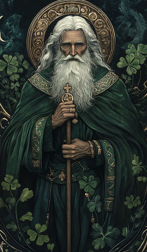 Detailed illustration of Saint Patrick surrounded by clover