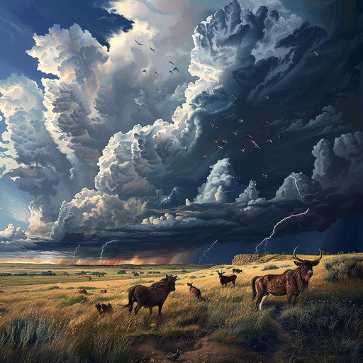 Animals on the prairie under a stormy sky