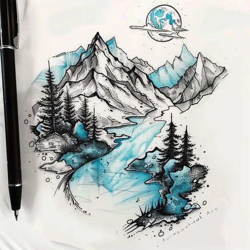 Sketch of a mountain landscape, cool blues and grays with a clean line style