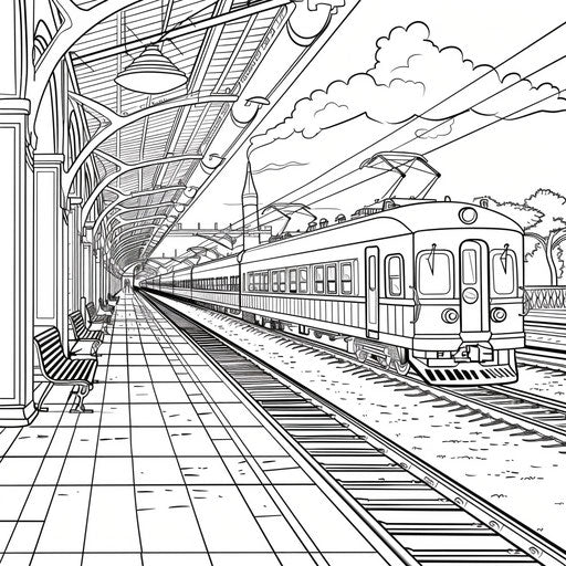 Vintage train station and old-fashioned train, coloring book page
