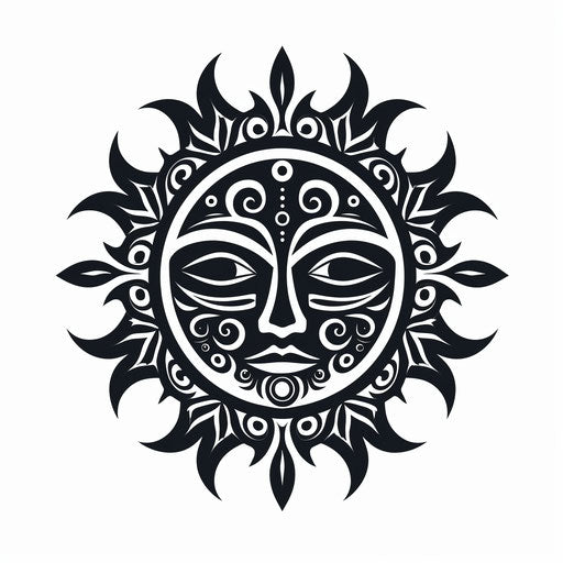 Sun tattoo symbol sun goddess white background, moche art style