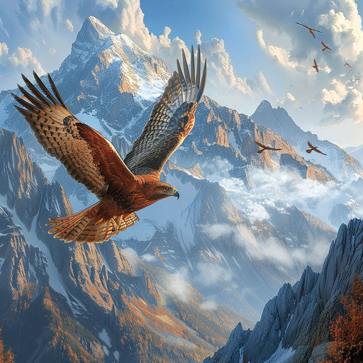 Red hawk in a majestic mountain range