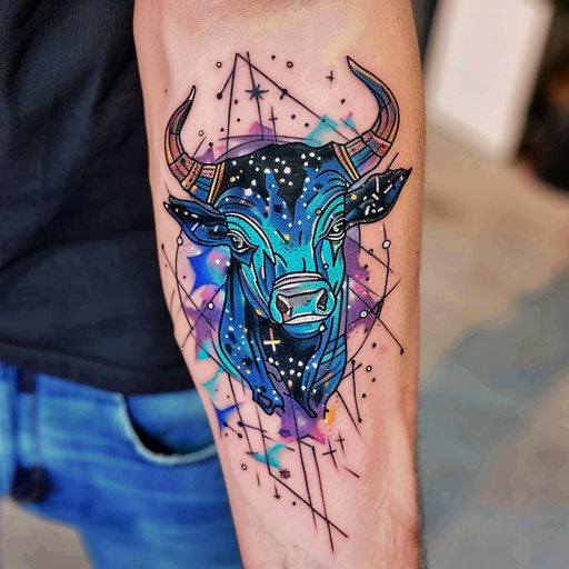 Bold tattoo sketch of the Taurus constellation with a cosmic background and vibrant blues and purples