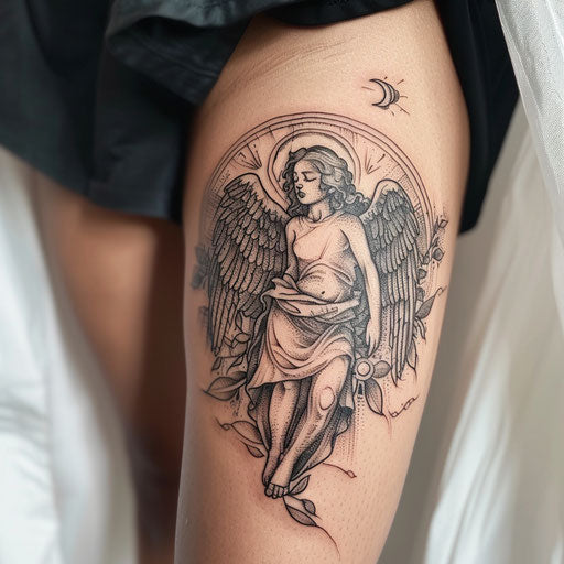 Guardian angel tattoo with Eastern art influence on white
